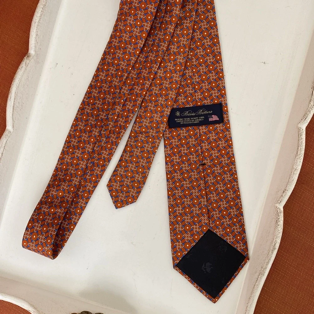 Brooks Brothers 100% Silk Orange, Blue and Gold Necktie. Made in New York